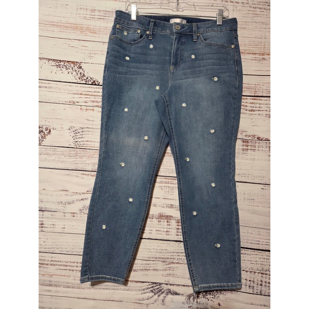 LC Lauren Conrad Womens Skinny Jeans Size 14 Blue Daisy Embroidered Floral Denim